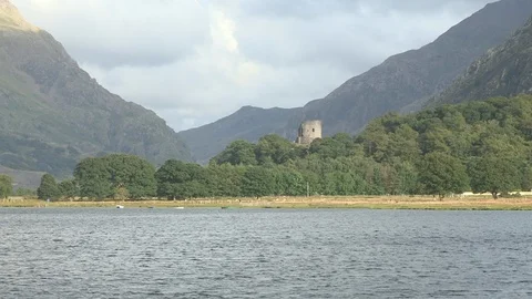 Distant Castle Between Lake and Mountains HD Video Video stock 90386700