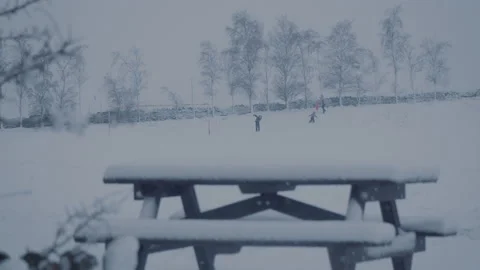 Distant children playing in heavy snow in park.  Stock-Footage 147318454