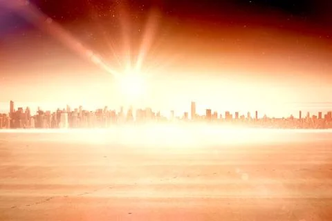 Distant city skyline is shining under sun rays across sandy plain with lens 스톡 일러스트