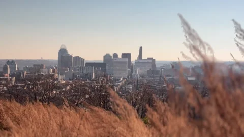 Distant cityscape seen from a top a grassy hill 库存影片 256950710