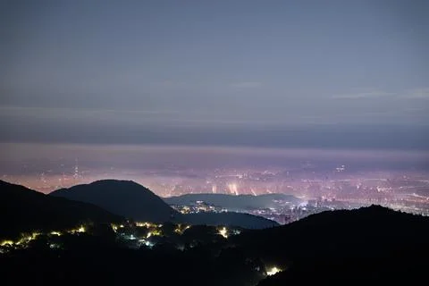 Distant Cityscape View from Datun Mountain at Night, Taipei Spring. Stock Photos