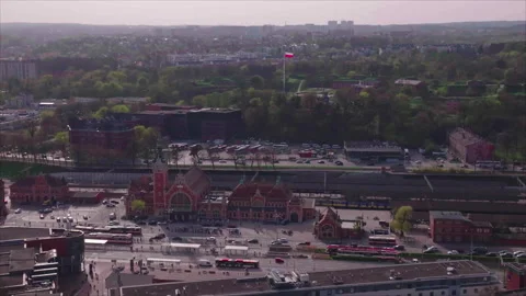 Distant drone with slight rotation of railway station, Gdansk 動画素材 339171476