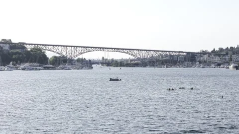 Distant Drone View of Aurora Bridge – Daytime Exterior, Seattle WA Stock Footage 311141957