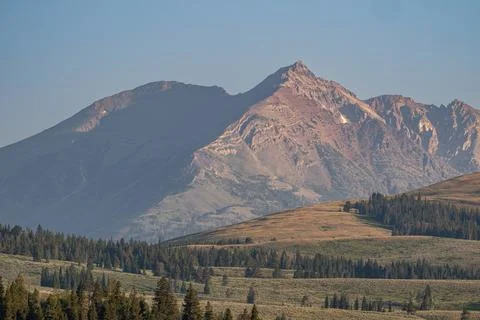 Distant Electric Peak Rises Over The Rolling HIlls Of Yellowstone 库存照片