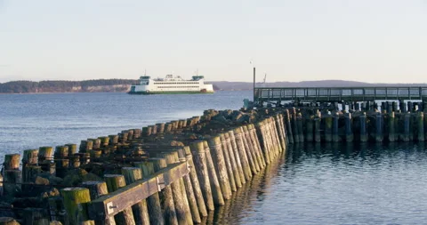 Distant ferry passes by dock in Washington State Stock Footage 176412729