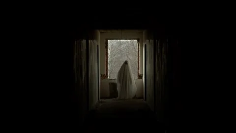Distant ghost shape at window, view through long, decayed corridor, old plaster Stock Footage 320247014