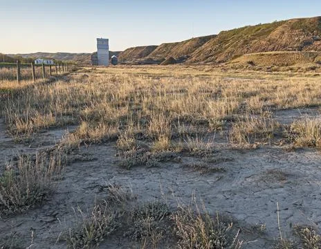 Distant Grain Elevator in the Red Deer River Valley Stock Photos