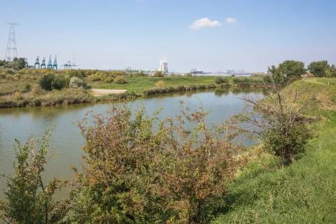 Distant harbor installations seen from Fort Liefkenshoek Stock Photos