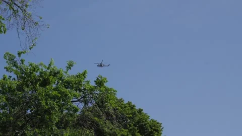 Distant helicopter flies into a thick forest Stock Footage 242342718