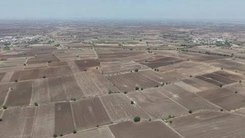 Distant high altitude drone flight scanning across a massive patchwork of dry Video stock 337246053