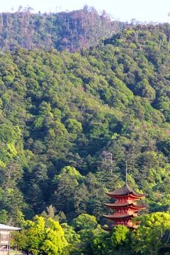 Distant image of a red temple between the mountains with jungle Stock Photos