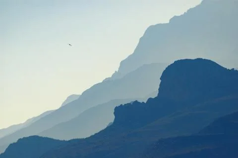 Distant layers of volcanic mountain slopes and seagull in the sky Stock-Fotos