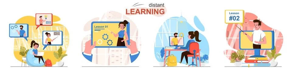 Distant learning flat design concept scenes set イラスト素材