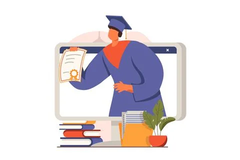 Distant learning web concept in flat design. Man student received diploma Stockillustratie