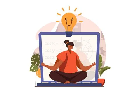 Distant learning web concept in flat design. Woman thinking, concentrating Illustrazione stock