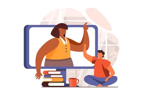 Distant learning web concept in flat design. Pupil listens to teacher at lesson Stock Illustration
