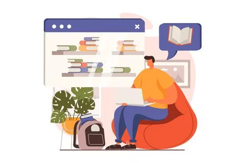 Distant learning web concept in flat design. Man reading book, making homework Stock Illustration
