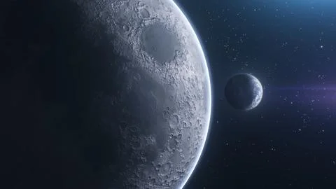 Distant Moon Orbiting Dark Alien Planet in Space Ilustração Stock