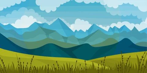 Distant Mountain Peaks and Meadow Flora Horizontal Landscape Vector Illustration Stock Illustration