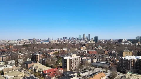 Distant panning shot of the Boston skyline from Brookline, Massachusetts Stock Footage 151428032