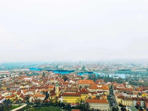 Distant Panoramic Drone View of Prague City and River 库存照片
