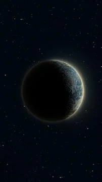 Distant planet in deep space with glowing rim light, cratered surface, dark.. イラスト素材