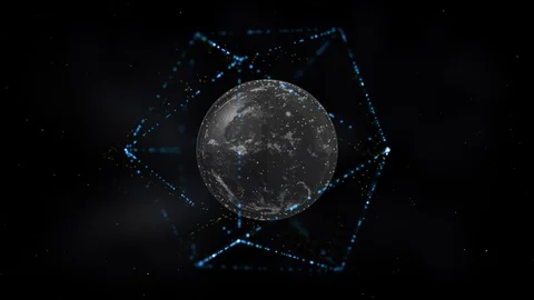 Distant planet in space locked inside illuminating hexagon frame in outer space. Vídeo Stock 128083714