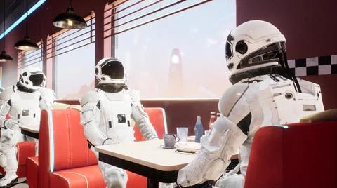 On a distant red planet, astronauts have lunch at a local eatery. 3D Rendering. Stock Illustration