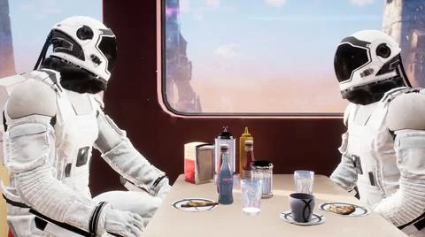 On a distant red planet, astronauts have lunch at a local eatery. 3D Rendering. Stock Illustration