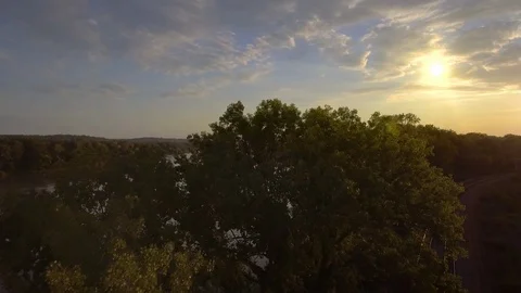 Distant reveal of downtown Kansas City and Missouri River at sunset from Stock Footage