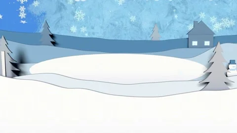 Distant ridge fading in, paper-cut scene forming pond, adding snow and bokeh for Stock Footage 340674814