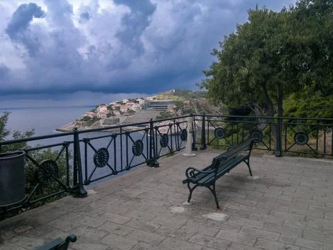 Distant Sea View from a Bench 写真素材