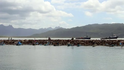 Distant Ships And Breakwater In The Harbor Stock Footage 86098649