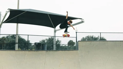 Distant Shot Of A Young Man Doing Huge Flip Trick At Skatepark Stock Footage 167989133