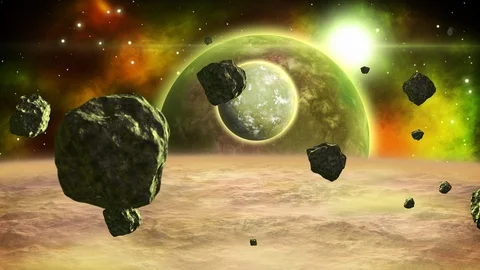 Distant space scene with asteroids in orbit around gas giant planet. Loop. Stock Footage 101574874