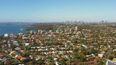 Distant Sydney city CBD from elevation of Manly North shore – aerial 4k. Stock Footage 226930334