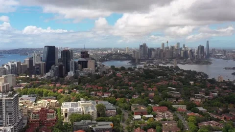 Distant Sydney City CBD, North Sydney and Shore – aerial backward in 4k. Stock Footage 148980537