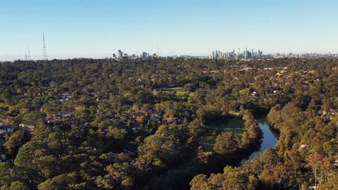 Distant Sydney City CBD skyline from Lane Cove national park – aerial 4k. Stock Footage 157739505