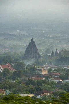 Distant vertical view of the iconic Prambanan Temple. Stock Photos