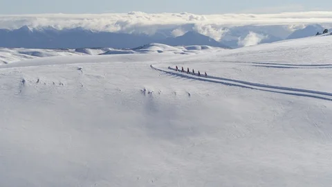 Distant view aerial of pro athletes cross-country skiing in winter countryside Stock Footage 121584134