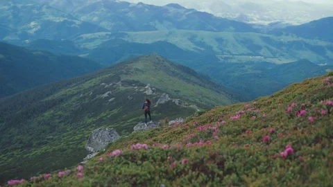 Distant view of an attractive young female tourist standing on the risky height Stock Footage 77351098