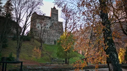 Distant view of the Bran Castle in Bran, Transylvania, Romania Stock Footage 295429981