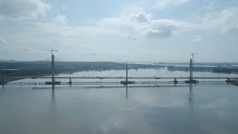 Distant View of a Cable Stayed Bridge in the Late Construction Phase Stock Footage