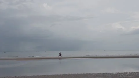 Distant View of Couple Walking on Beach at Twilight Stock Footage 337534542