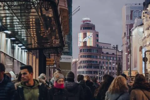 Distant view of Edificio Capitol on Gran Via,  Madrid, Spain, selective focus Stock Photos