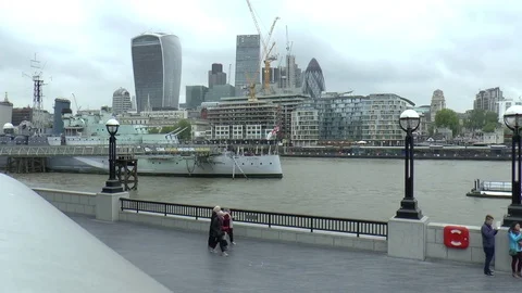 Distant View of Financial District from the South Bank of the River Thames Stock Footage 75951839