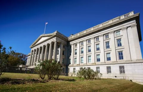Distant view, front view, exterior government building, Washington DC, USA. Stock Photos