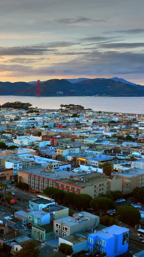 Distant view of Golden Gate Bridge over Marina district, San Francisco, Stock Footage 342274585