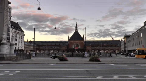 Distant View of Grand Central Station in Copenhagen with Traffic Passing Stock Footage 68379827