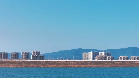 Distant View of Lakeside Settlement Stock Footage 340305708